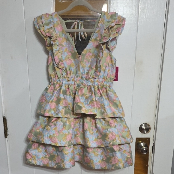 Buddy Love Dresses & Skirts - NWT Buddy Love Women's Dress Pastel Floral Brocadish Ruffly Plunging Party Sz M